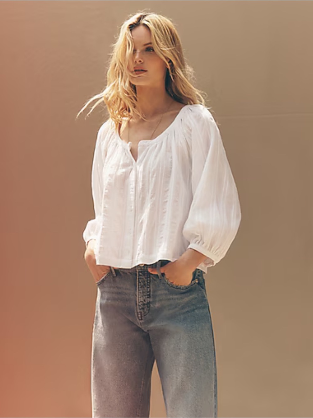 Express Scoop Neck Balloon Sleeve Button Front Top White - Size Medium